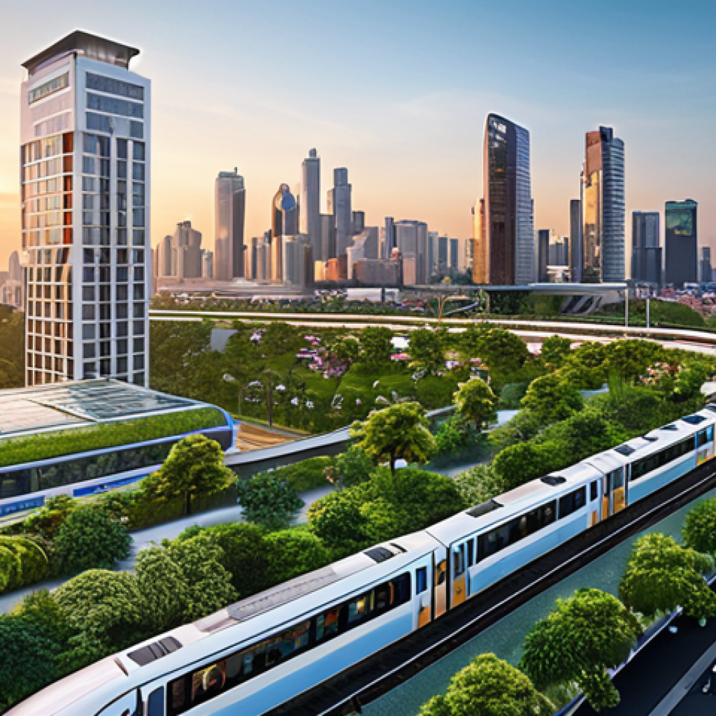**

A modern sustainable city skyline at sunset, featuring eco-friendly buildings with green roofs, a clean and efficient public transportation system (BTS Skytrain), pedestrian and bicycle-friendly infrastructure, and public parks. Focus on highlighting environmental consciousness and urban planning.

**