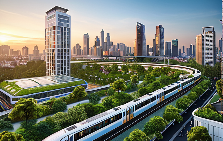 **

A modern sustainable city skyline at sunset, featuring eco-friendly buildings with green roofs, a clean and efficient public transportation system (BTS Skytrain), pedestrian and bicycle-friendly infrastructure, and public parks. Focus on highlighting environmental consciousness and urban planning.

**