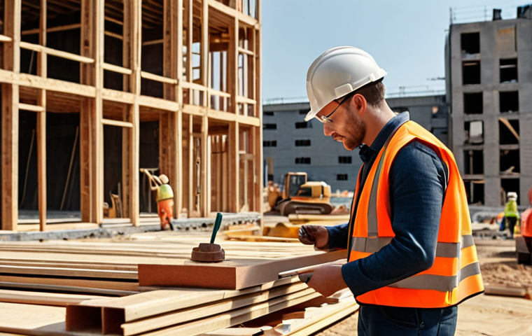 ** Construction site, busy, focus on a person confidently solving a problem, practical experience in action.

**