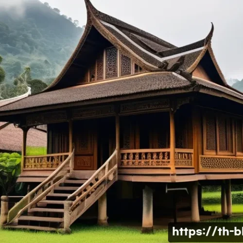 Home 30 건축산업기사와 지역별 건축 스타일 분석 - A traditional Lanna wooden house in Northern Thailand, featuring a steep gabled roof made of teak wo...