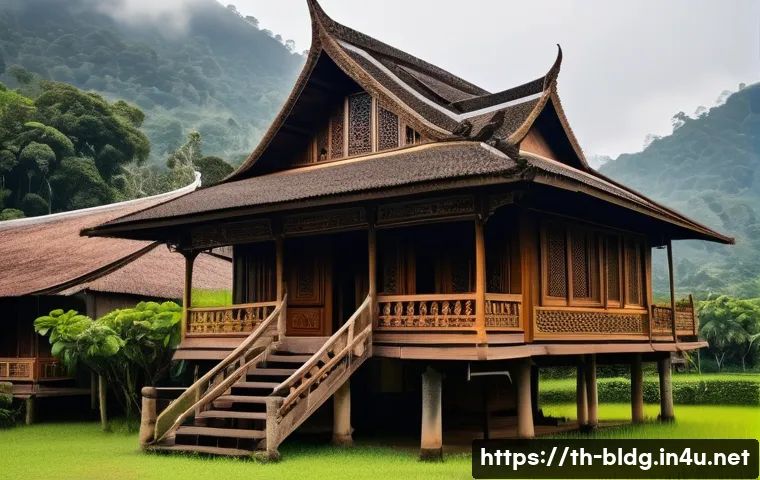 건축산업기사와 지역별 건축 스타일 분석 - A traditional Lanna wooden house in Northern Thailand, featuring a steep gabled roof made of teak wo...
