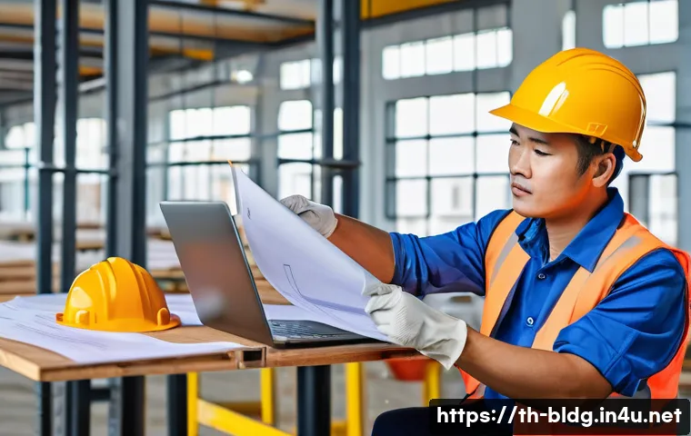 건축산업분야 이직 준비 체크리스트 - A professional Thai construction worker, wearing a safety helmet, reflective vest, and protective gl...
