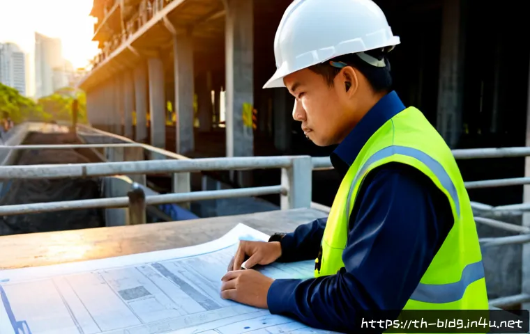 건축산업기사와 안전한 공사 현장 설계 - Photorealistic Thai construction site safety design review, a Thai civil engineer in a clean hard ha...