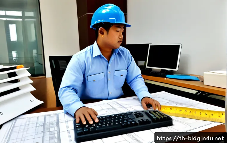 건축산업기사와 컴퓨터 지원 설계 CAD  활용법 - Photorealistic Thai architectural engineering technician in a clean modern Bangkok office, seated at...