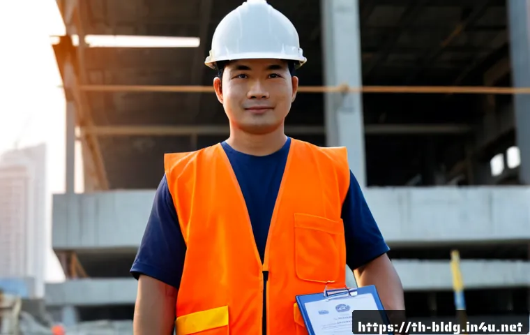 건축산업기사 자격증 취득 성공 사례 - Photorealistic success story of a Thai construction technician in clean safety gear standing confide...